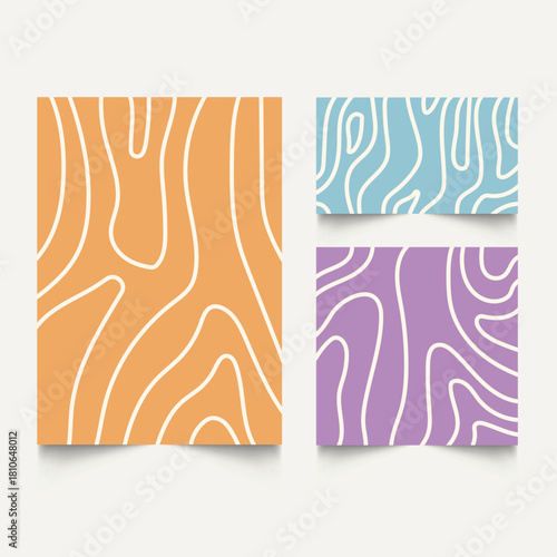 Twisted lines, fluid, curved, wiggling stripes, waves  backgrounds set. Liquid, chaotic retro ornaments, groovy hippie patterns collection. Doodle, uneven hand drawn wavy, organic winding lines