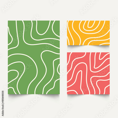 Twisted lines, fluid, curved, wiggling stripes, waves  backgrounds set. Liquid, chaotic retro ornaments, groovy hippie patterns collection. Doodle, uneven hand drawn wavy, organic winding lines