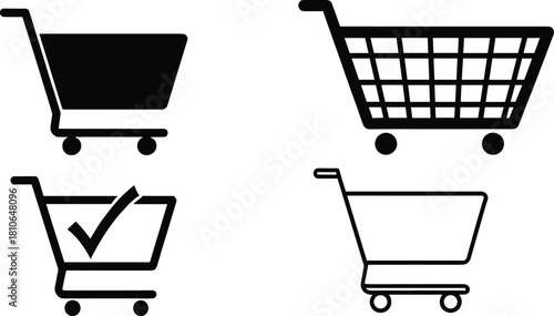 Minimalist shopping cart icon collection for online store, ecommerce checkout, retail market shop basket symbol set, digital commerce UX UI design vector illustration
