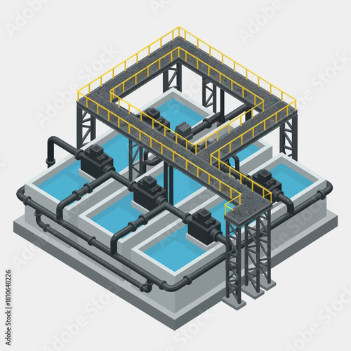 Isometric view of a water treatment plant with tanks and pipes.