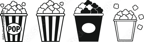 Popcorn bucket icon set with striped boxes and snack kernels, cinema movie food vector illustration collection for entertainment, festival and theatre design