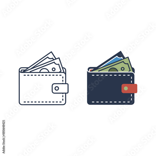 Two wallets, one outline and one filled, both containing banknotes