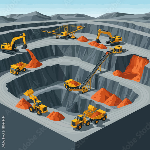 Open-pit mining operation with heavy machinery extracting resources.