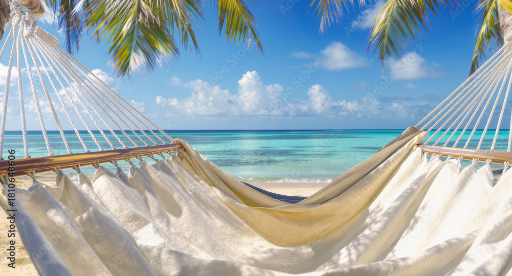 Obraz premium Relaxing in a hammock on a tropical beach with palm trees and turquoise water invites you to escape and unwind, perfect for travel ads and vacation vibes