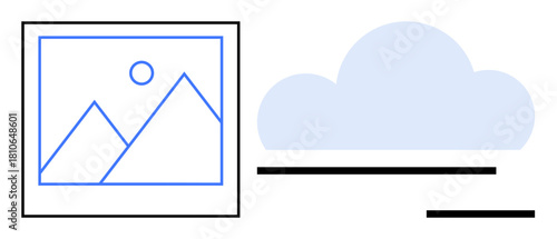 Cloud icon beside an uploaded image with mountains and sun, representing online storage, hosting, access, and sharing. Ideal for technology, productivity, cloud service, digital strategy innovation