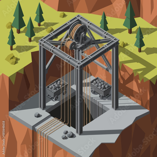 Mining Elevator Structure with Carts and Ore.