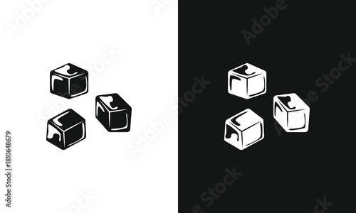 Monochromatic ice cubes icon set showing black and white silhouettes on split backgrounds. Versatile graphic element for drinks, cold themes, and branding