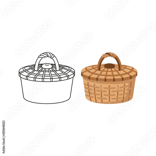 Picnic basket icon set, outline and colored, isolated on white
