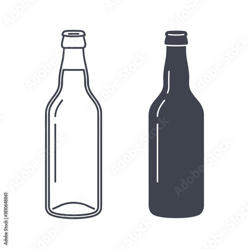 Two beer bottle icons, one outline and one solid, for beverage and drink