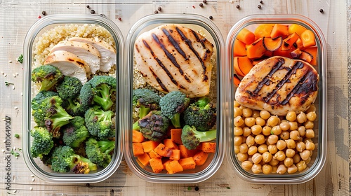 Three Healthy Balanced Meal Prep Boxes: Grilled Chicken, Quinoa, Chickpeas, and Roasted Vegetables, High-Protein Low-Fat for Fitness Shaping and Busy People's Weekly Diet.