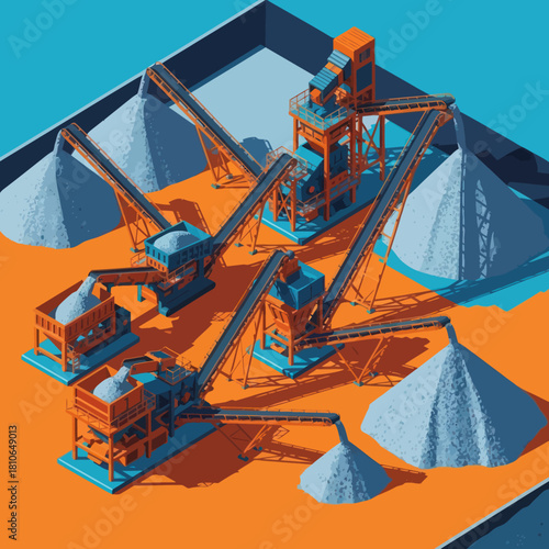 Industrial aggregate processing plant with conveyor belts and piles of material.