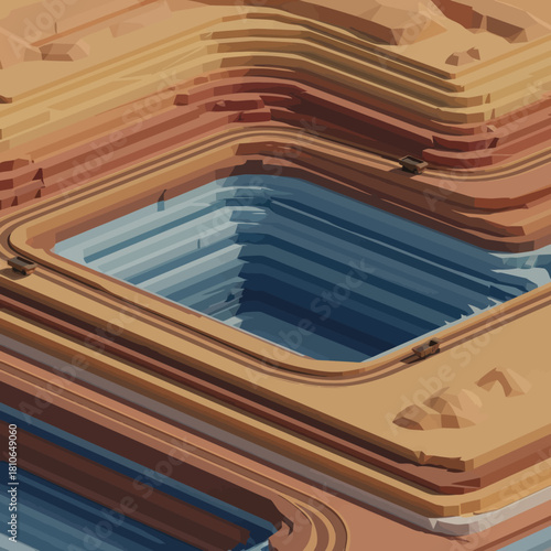 Abstract layered landscape with geometric patterns and blue water feature.