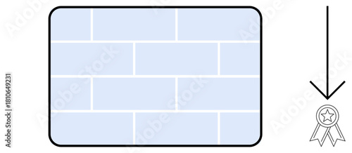 Rectangular blueprint of brick wall with downward arrow pointing to a badge. Ideal for construction, progress, achievement, certification, quality, professional standards, and growth. Simple flat