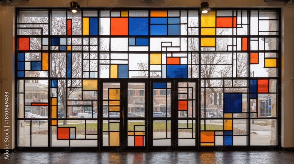 Obraz premium Geometric stained glass window with colorful squares and rectangles.