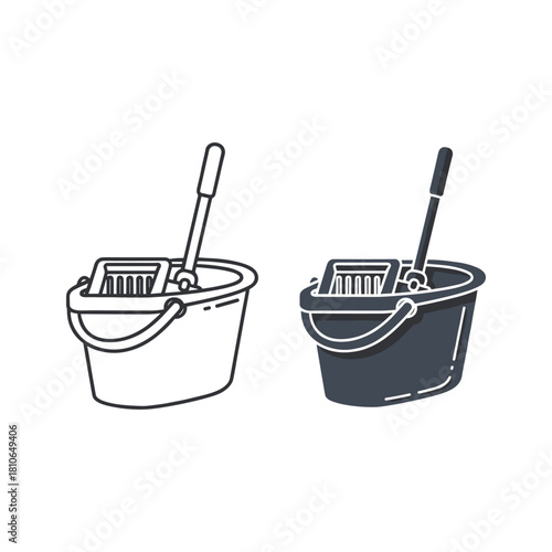 Mop and bucket cleaning tool icons set isolated on