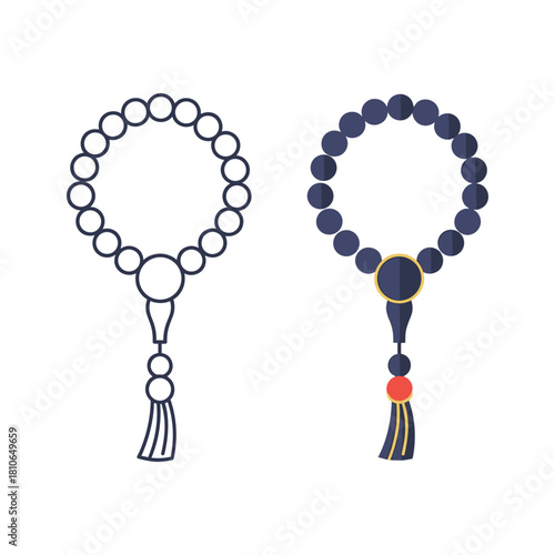 Prayer beads icon set with outline and filled versions