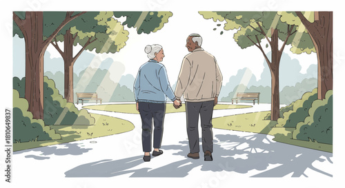Soft Modern Vector of Elderly Couple Walking in Park