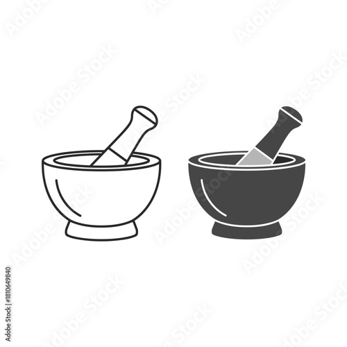 Mortar and pestle icons set, outline and solid, for pharmacy and culinary