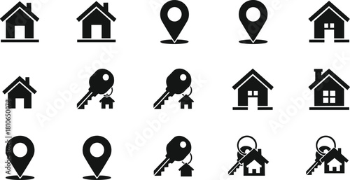 Real estate icons set with house, home location pin, rental and property key symbols, black solid and outline vector collection for business design