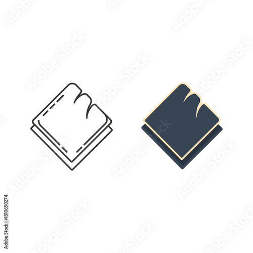 Stack of folded napkins or fabric squares, outline and color versions, isolated on