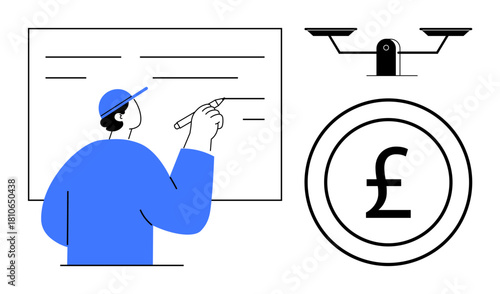 Person writes on a whiteboard, scales symbolize balance, and currency signifies money. Ideal for finance, education, business strategy, fairness, planning, analysis simple flat metaphor