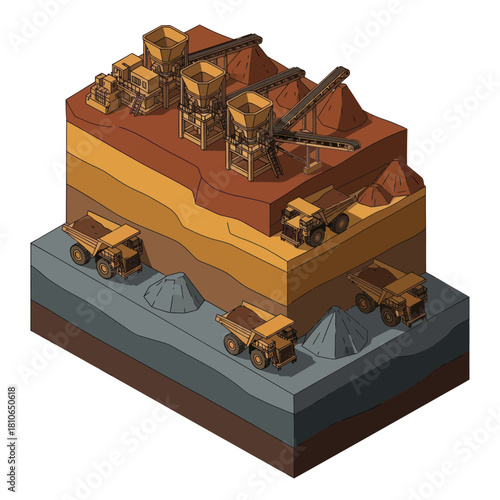 Isometric view of a large-scale open-pit mining operation with heavy machinery.