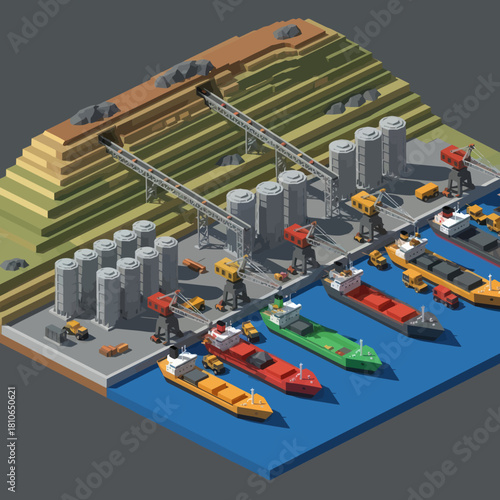 Industrial Port with Ships and Storage Silos.
