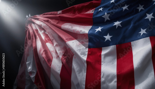 Distressed American Flag in Dramatic Spotlight