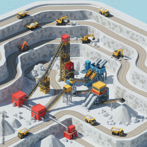 Miniature Quarry Operation with Trucks and Processing Plant.
