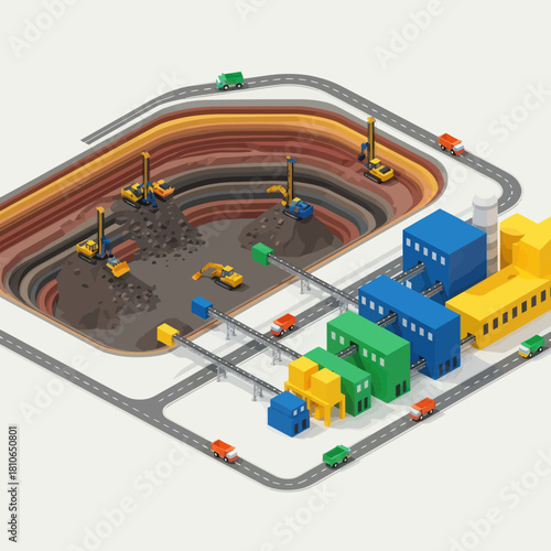 Isometric illustration of an open-pit mine with industrial buildings and machinery.