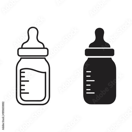 Outline and solid baby bottle icons, essential symbols for infant feeding