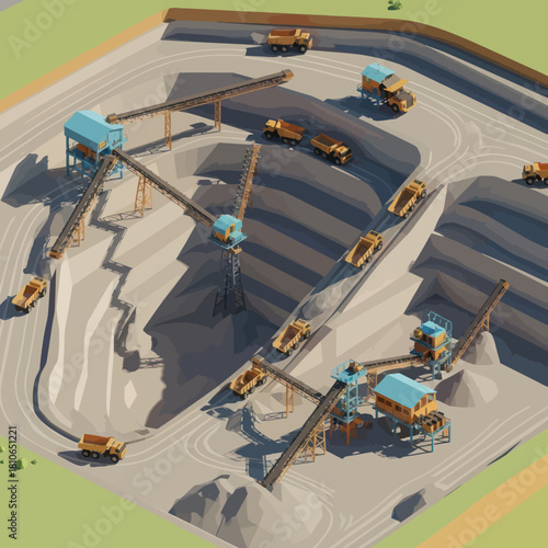 Industrial mining operation with trucks and machinery processing materials.