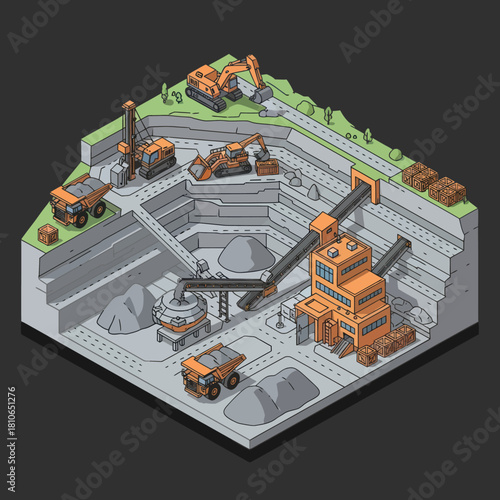 Isometric view of a large open-pit mine with heavy machinery.