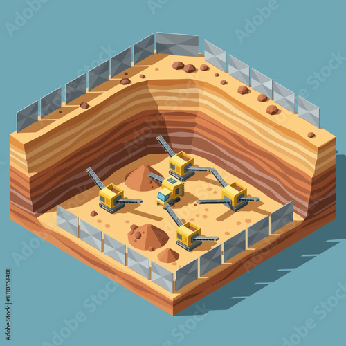 Isometric view of a construction site with excavation and machinery.