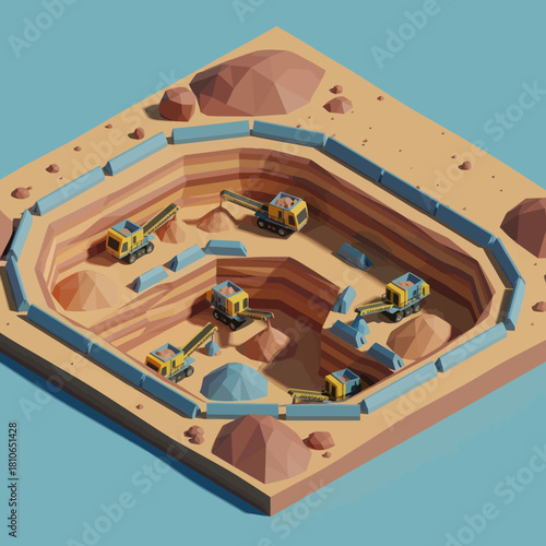 Isometric view of a mining operation with heavy machinery and earth.