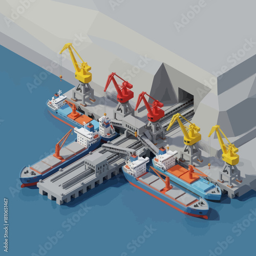 Isometric 3D rendering of a busy cargo seaport with ships and cranes.