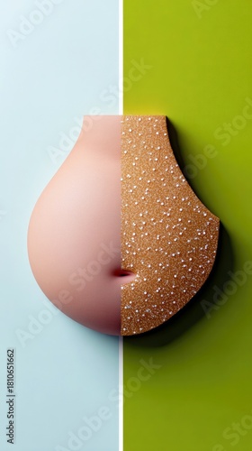 A split abstract shape, one half smooth and pink, the other textured and gold, is set against a divided background of light blue and green.