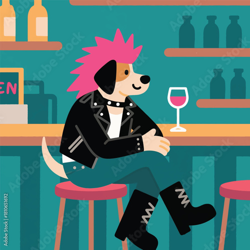 Punk-Costumed Dog Sitting at Bar Illustrator Artwork Banner Background Design Template 