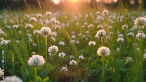 summer meadow filled white clover wildflowers camera gracefully moves between grass and flowers warm glow sunset nature spring sun flower beautiful environment