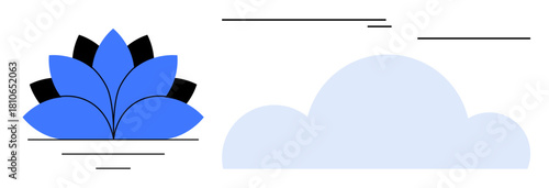 Blue lotus flower beside a soft blue cloud with simplistic linear accents. Ideal for mindfulness, balance, spirituality, relaxation, nature, wellness, meditation concepts. Simple flat metaphor