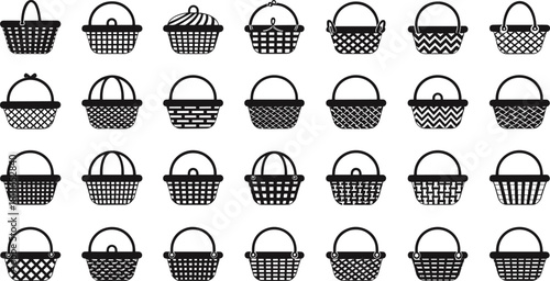 Wicker basket icon set with woven picnic and shopping basket designs, decorative handle patterns, black silhouette and outline vector illustration collection