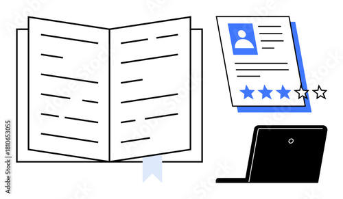 Open book with ribbon bookmark, rated resume with stars, and laptop in minimalistic style. Ideal for education, recruitment, research, career growth, digital learning, training and performance