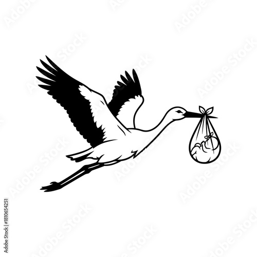 A stork carrying a baby in a sling isolated on, symbolizing new beginnings, birth, and the joy of parenthood in designs
