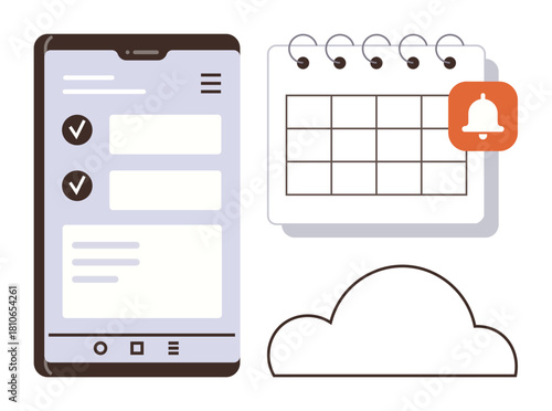 Mobile phone task list, calendar with reminder notification, cloud symbol representing organization, scheduling, and data storage. Ideal for productivity, planning, time management, organization