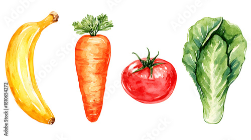 Colorful Watercolor Illustrations of Fresh Fruits and Vegetables Including Banana, Carrot, Tomato, and Lettuce for Healthy Lifestyle and Nutritional Concepts