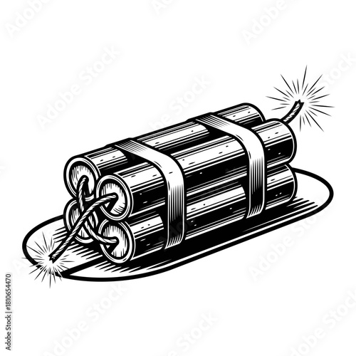 Illustration of dynamite sticks with a burning fuse isolated on a dangerous explosive device ready to explode in a cartoon style