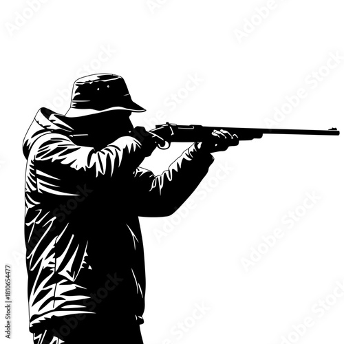 Silhouette of a hunter aiming a rifle isolated on, capturing the intensity and focus of the sport in black and white