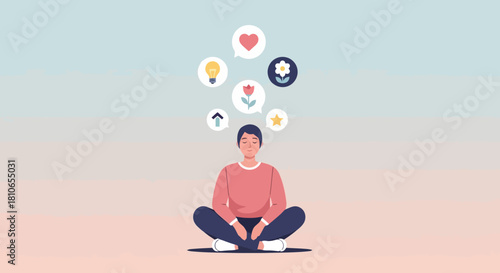 Person Meditating Surrounded by Positive Thoughts and Icons Concept of Mindfulness and Inspiration