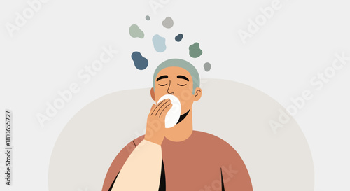 Man Sneezing or Coughing into Tissue Allergen Illustration Respiratory Health Concept