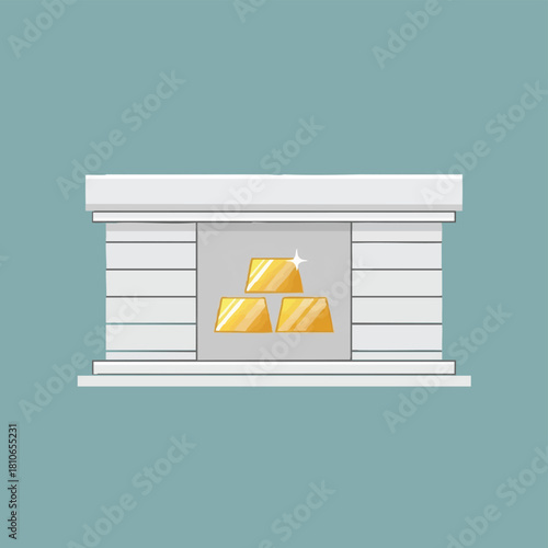 An illustration depicts a vault with gold bars, symbolizing wealth, financial success, and investment security against a turquoise backdrop.